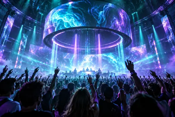 Begeisterte Menschenmenge unter türkisfarbenem und violettem Licht bei einer futuristischen Musikshow