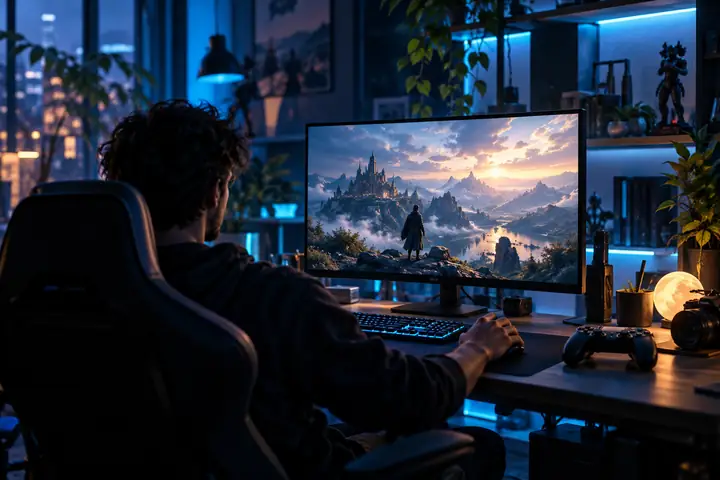 Arbeitsplatz eines Spieleentwicklers mit Controller, Monitor und stimmungsvoller blauer Beleuchtung