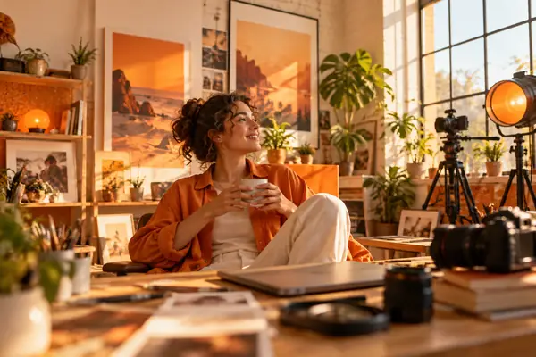 Entspannter Kreativkünstler in einem hellen Studio mit einer warmen Farbpalette aus Orange- und Cremetönen