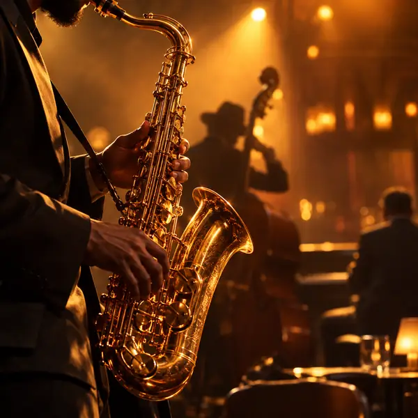 Nahaufnahme eines Saxofons im Schein bernsteinfarbener Bühnenlichter, ausdrucksstarkes Jazz-Albumcover