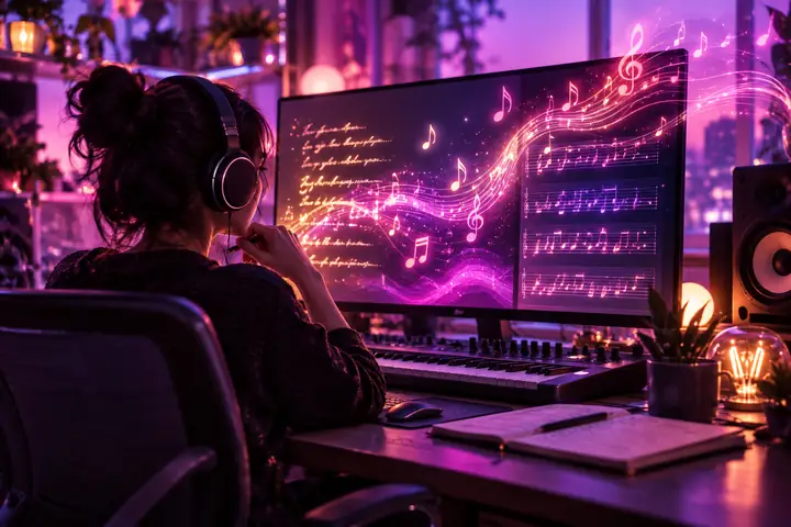 Songtexte und Musiknoten leuchten auf einem Bildschirm im Kreativstudio, violette und pinke Atmosphäre