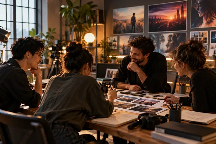 Kleines kreatives Marketingteam bei der Zusammenarbeit an einem Tisch in einem modernen Studio