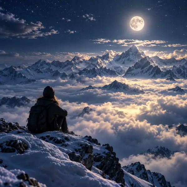 Verschneite Berggipfel über einem Wolkenmeer im Mondlicht, ruhiges Albumcover