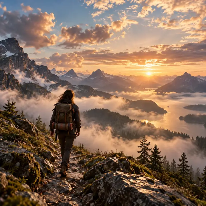 Nebelverhangener Bergpfad unter einem weiten Himmel, filmisches Folk-Albumcover
