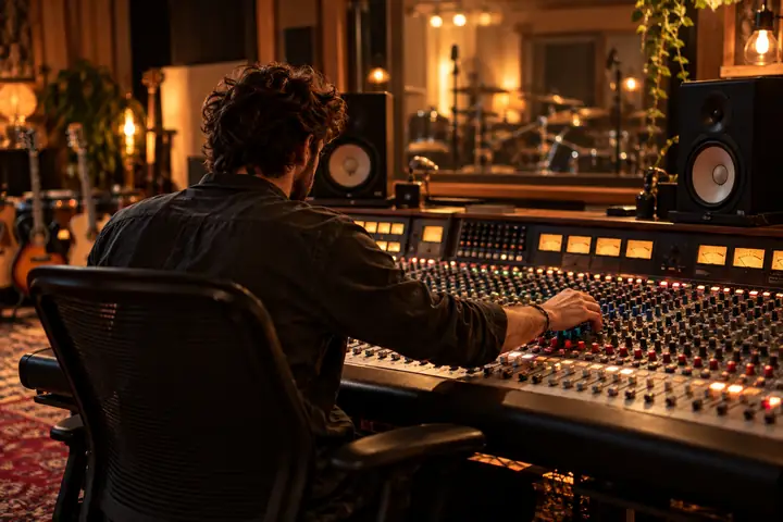 Musikproduzent beim Einstellen eines Mischpults in einem gemütlich beleuchteten professionellen Tonstudio