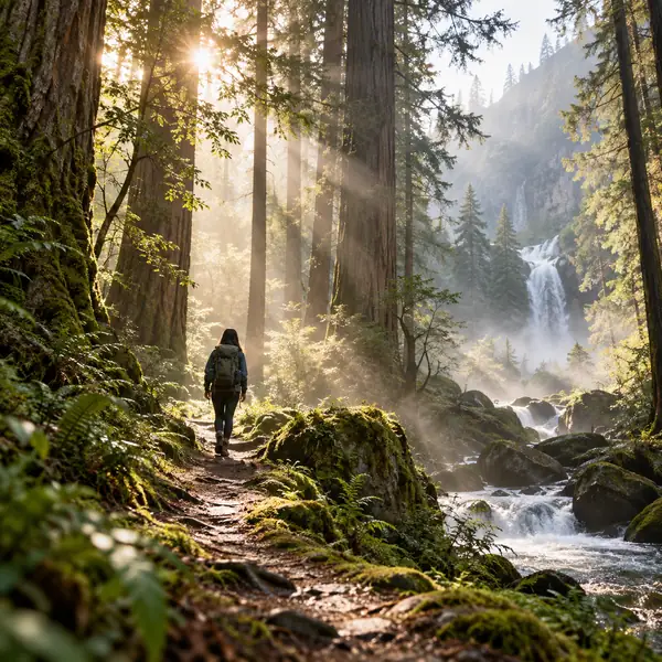 Ruhiger Waldweg, umgeben von hohen Bäumen und diffusem Morgenlicht, stimmungsvolles Albumcover