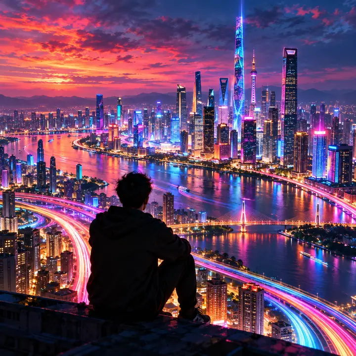 Neonbeleuchtete Stadtsilhouette und farbenfrohe Lichtspuren, energiegeladenes elektronisches Albumcover