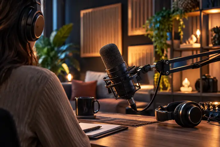 Podcast-Mikrofon in einem sanft beleuchteten Aufnahmeraum mit Kopfhörern und Akustikpaneelen