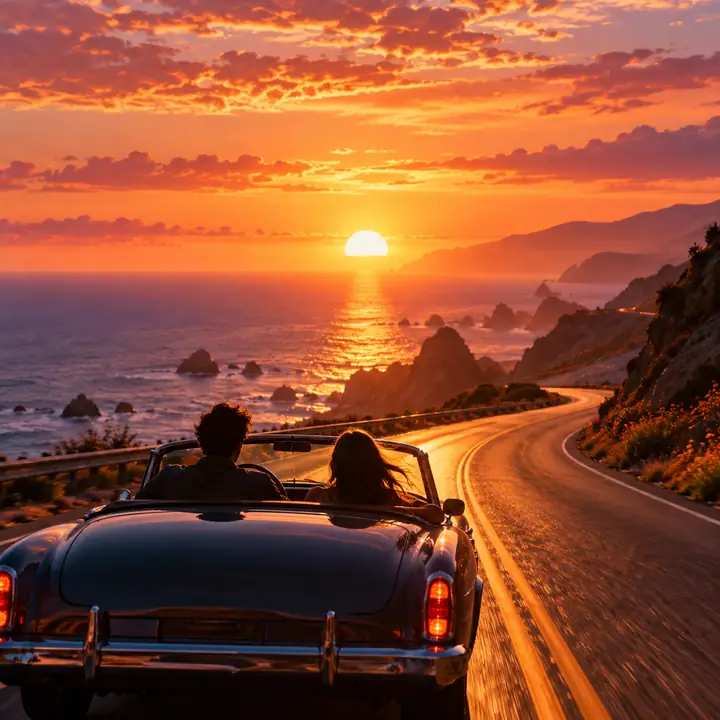 Sonnenuntergang über einer Straße in warmen Sommerfarben, filmisch gerahmtes Albumcover