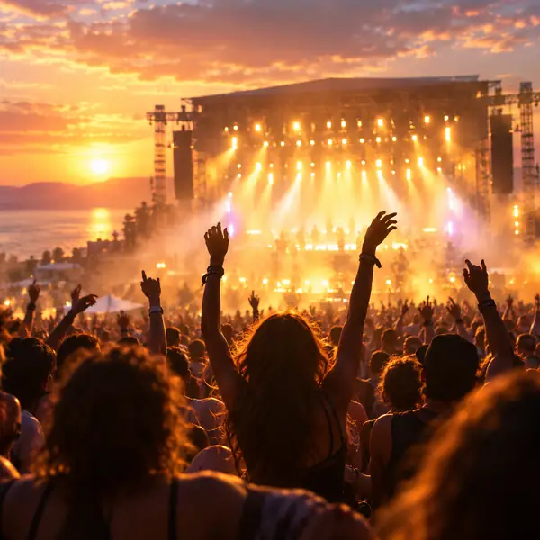 Publikum bei einem Sommerkonzert, umgeben von warmem Licht und sanftem Dunst, energiegeladenes Albumcover