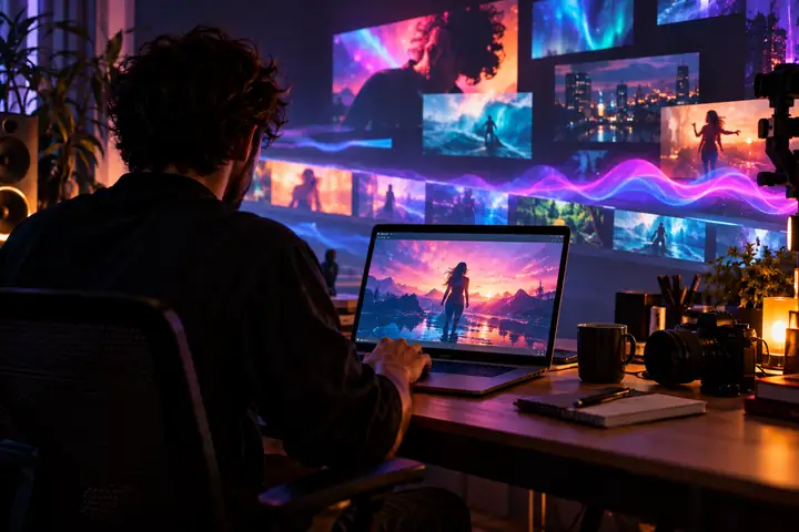 Kreativer Videoproduzent, der in einem dunklen Studio mit bunten Medien an einem Laptop arbeitet