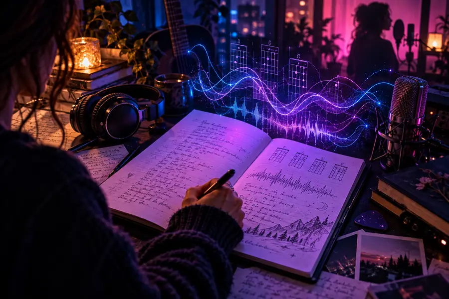 Illustration of a written music concept in a creative workspace