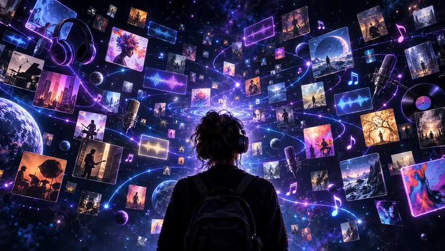 Illustration, die eine breit angelegte Suche nach Online-Musik darstellt
