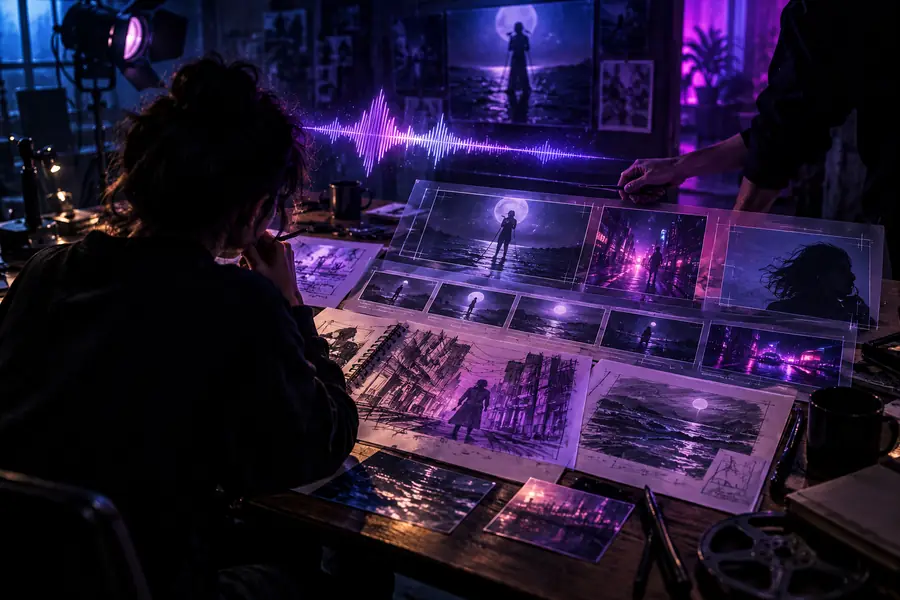 Escena ilustrativa de producción cinematográfica que representa una idea visual inicial